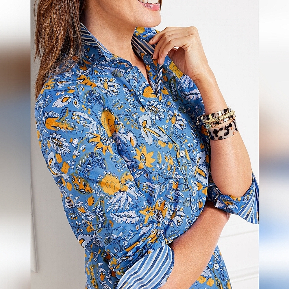 Talbots Cotton Button Front Shirt Watercolor Botanical